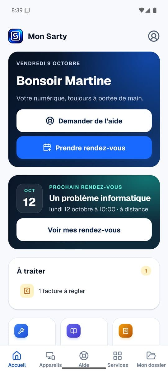 Accueil de l’application Sarty : « Bonsoir Martine », boutons Demander de l’aide et Prendre rendez-vous, prochain rendez-vous