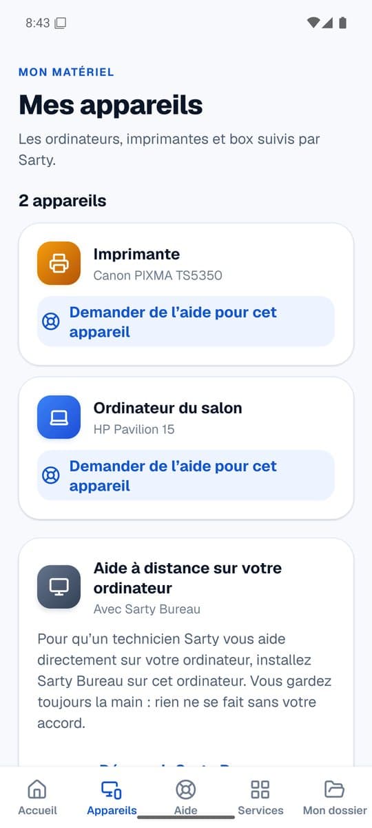 Mes appareils dans l’application Sarty : imprimante et ordinateur, bouton Demander de l’aide
