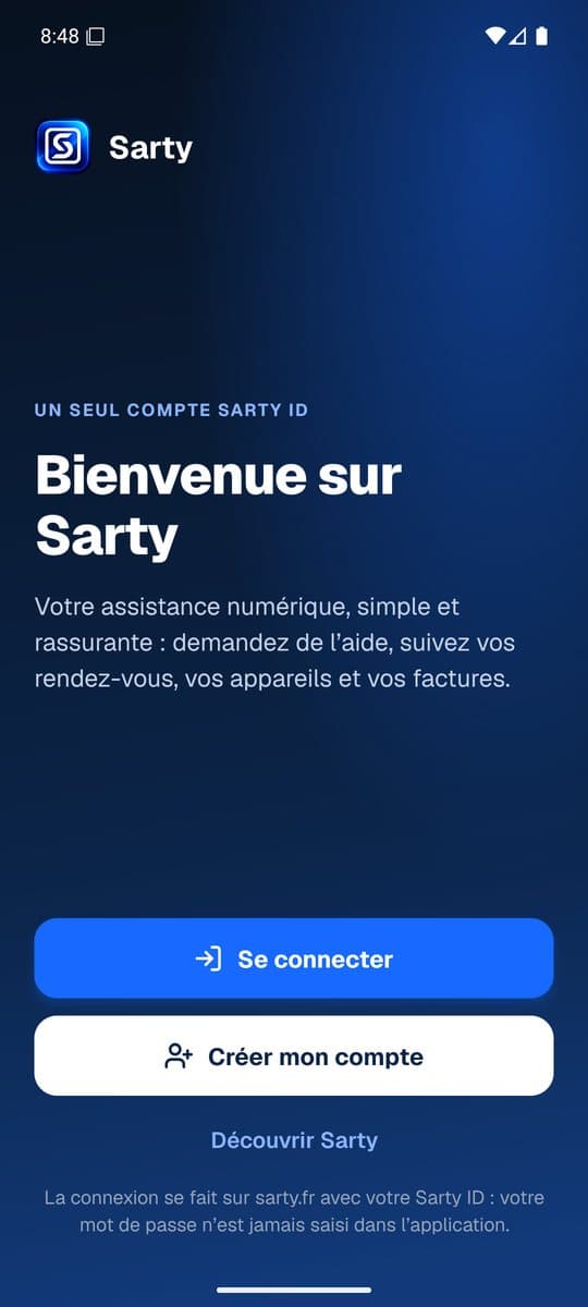 Écran de bienvenue de l’application Sarty : Se connecter avec votre Sarty ID ou créer un compte