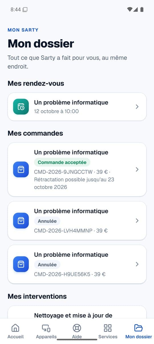 Mon dossier dans l’application Sarty : rendez-vous, commandes et droit de rétractation