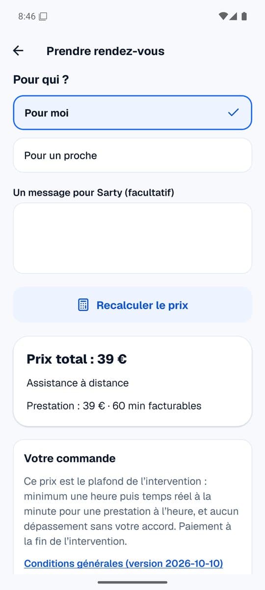 Prise de rendez-vous dans l’application Sarty : prix total de 39 € affiché avant de commander
