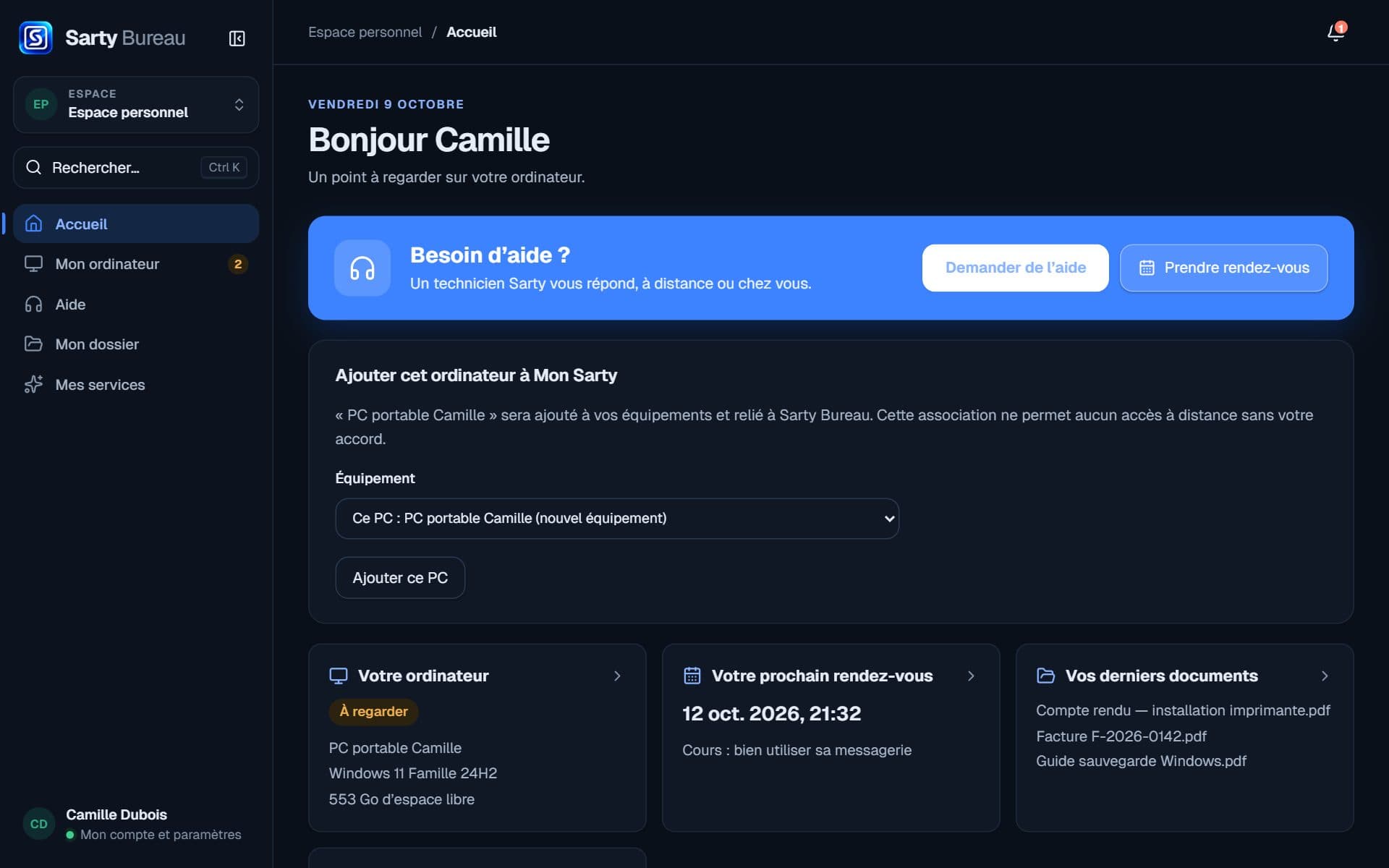 Écran d’accueil de l’application Mon Sarty : « Bonjour Camille », le bouton Demander de l’aide, l’état de l’ordinateur, le prochain rendez-vous et les derniers documents
