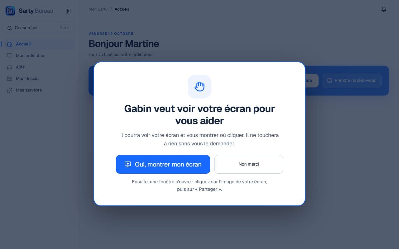 Question affichée par l’application Mon Sarty : « Gabin veut voir votre écran pour vous aider », avec les boutons « Oui, montrer mon écran » et « Non merci »