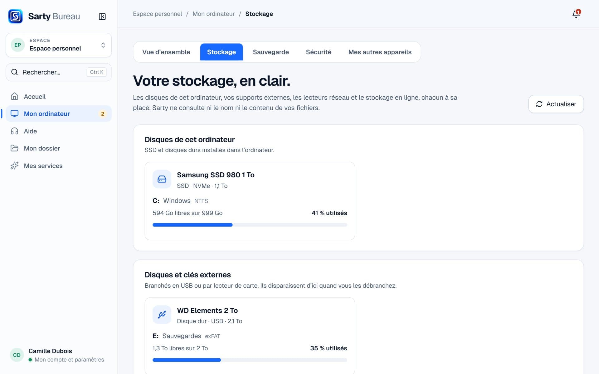 Page Stockage de l’application Mon Sarty : disque interne de 1 To utilisé à 41 % et disque externe de sauvegarde